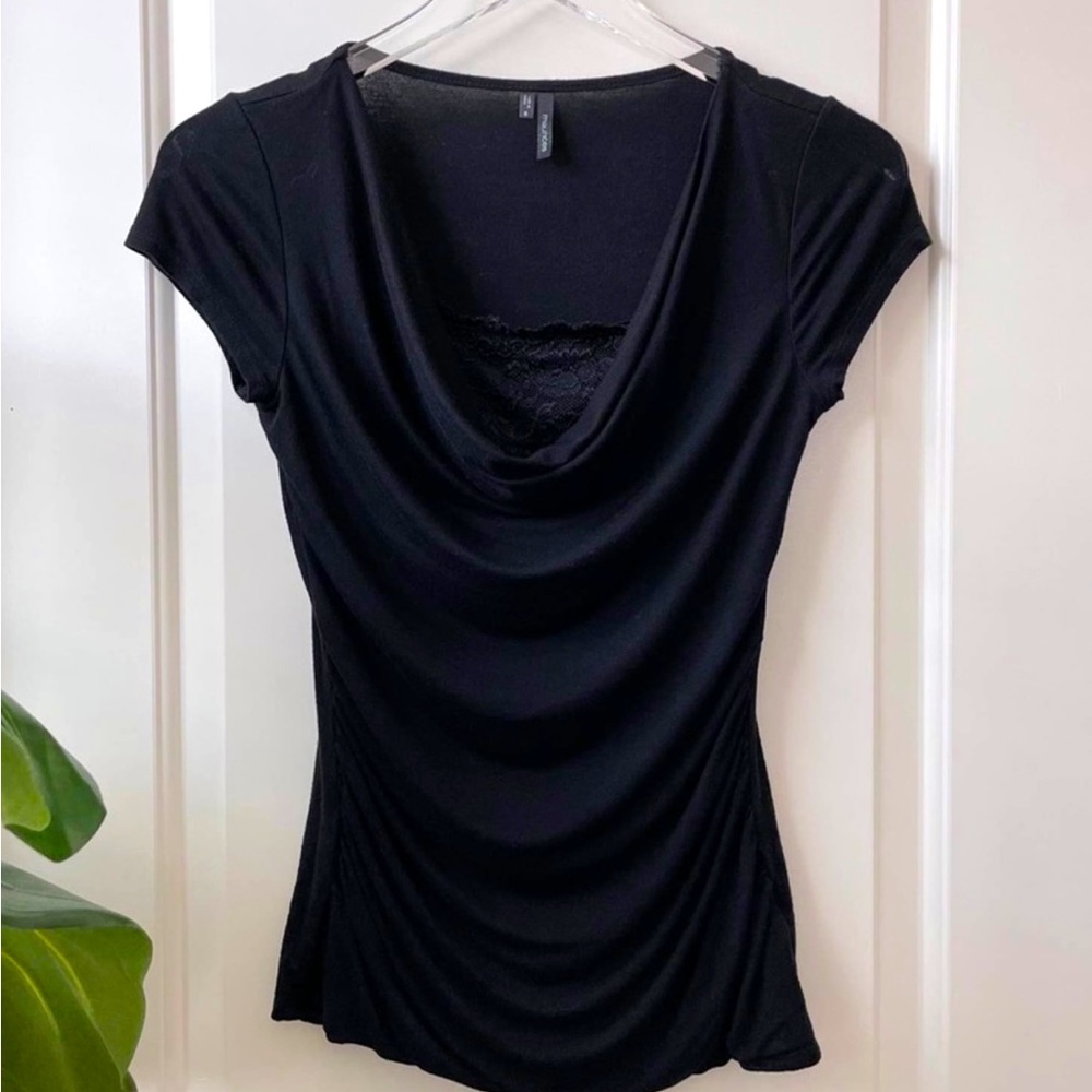WOMENS BLACK LACE COWL NECK SHORT SLEEVE RUCHED BLOUSE SIZE MEDIUM - Picture 1 of 5